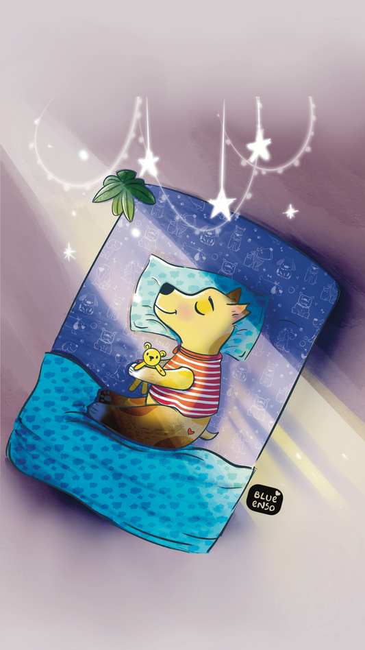 Blue Enso illustration dog character sleeping on a blue bed holding a yellow teddy bear, with sunlight beam