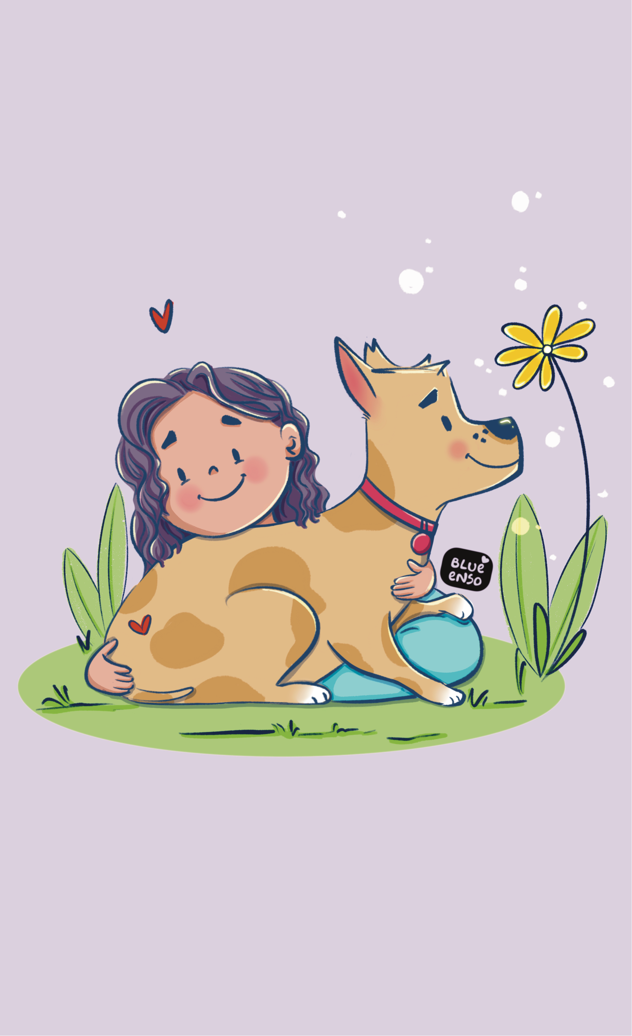 Blue Enso Illustration Hugs little girl with dog